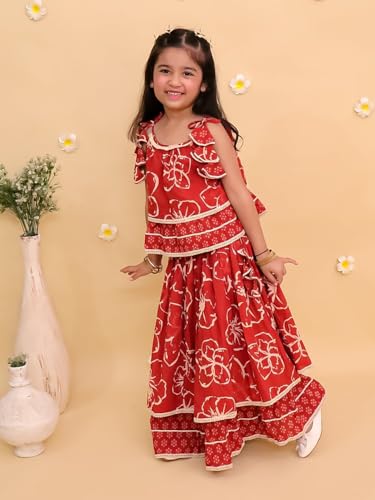 Image of The Mom Store Baby /Kids Girls Lehenga Set Ethnic Wear | Printed | Trendy Stylish Elegant Lehenga Set For Festivals Weddings & Special Occasions | Cotton