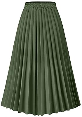 Basoteeuo Green Pleated Skirt for Women Midi Length Summer High Waisted A Line Elastic Waist Skirts M