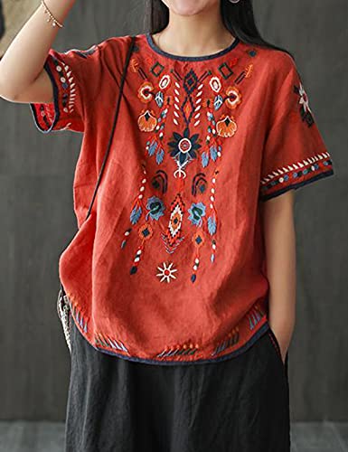 SeekMe Women's Cotton Linen Tops Embroidered Short Sleeve Peasant Boho Mexican Tunic Top Festival Casual Loose T Shirt2