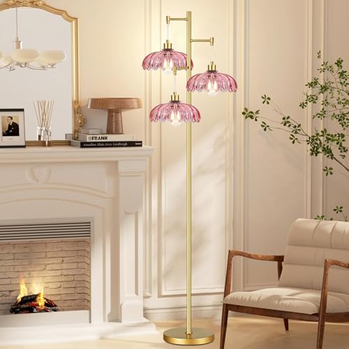 Image of QIYIZM Pink Floor Lamp for Living Room,Bedroom,Gold Mid Century Modern Standing Lamp Brass Tree 3 Light Tall Floor Lamps Vintage Retro Floor Lights Glass Flower Lamp Shade Farmhouse Boho Bohemian