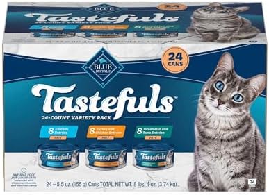 Blue Buffalo Tastefuls Wet Cat Food Paté Variety Pack, Made with Natural Ingredients, Chicken, Turkey & Chicken, Ocean Fish & Tuna Entrées, 5.5-oz Cans (24 Count, 8 of Each)