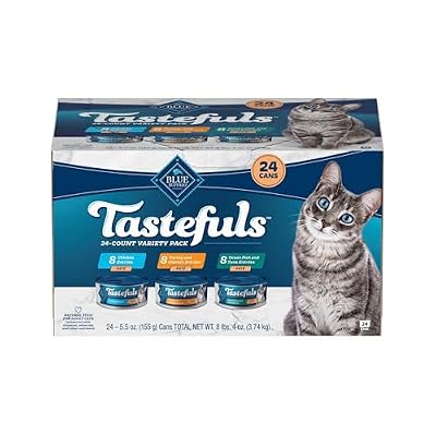 Blue Buffalo Tastefuls Wet Cat Food Paté Variety Pack, Made with Natural Ingredients, Chicken, Turkey & Chicken, Ocean Fish & Tuna Entrées, 5.5-oz Cans (24 Count, 8 of Each)