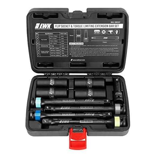 EWK 9 Pcs 1/2" Dr Thin Wall Lug Nut Flip Impact Socket & Torque Limiting Extension Stick Set, 80-150 Ft-lbs (110-200 Nm), Color-Coded