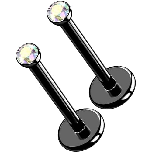 OUFER 2Pcs 20G/18G/16G G23 Titanium Threadless Nose Stud Earrings Flat Back Tiny CZ Small Nose Helix Cartilage Tragus Conch Labret Medusa Monroe Piercing Jewelry for Women Men Black AB 2pcs,