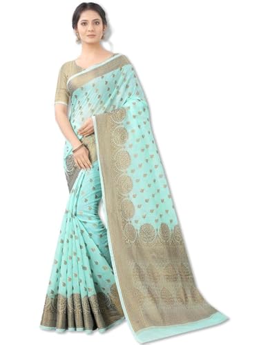 leeza store Womens Silk Cotton Golden Zari Rich Pallu Banarasi Saree With Blouse Piece