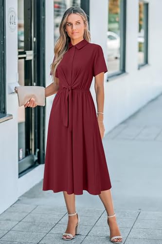 Image of Newshows Women's Work Business Casual Outfits Tie Waist Midi Shirt Dress | Lightweight & Breathable Easy-care Fabric, Side Pockets, Decent Professional Attire, Church Office Funeral Outfits