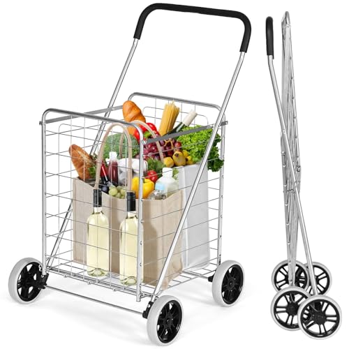 COSTWAY 83L Folding Shopping Trolley on Wheels, Metal Utility Push/Pull Cart with Foam Covered Handle, Portable Luggage Grocery Carts for Supermarket Laundry Mobility (Silver)