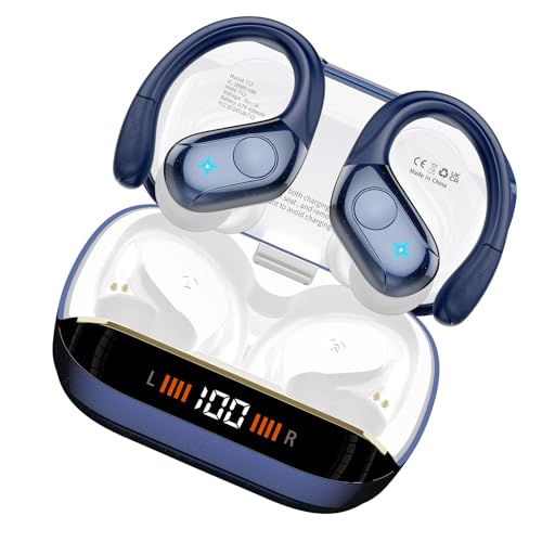 Auriculares Inalámbricos Deportivos, Auriculares Bluetooth 5.4 HiFi Estéreo con HD Micrófono, 75H Cascos Inalambricos Bluetooth con Cancelacion Ruido ENC, Pantalla LED, IP7 Impermeable, Azul Marino