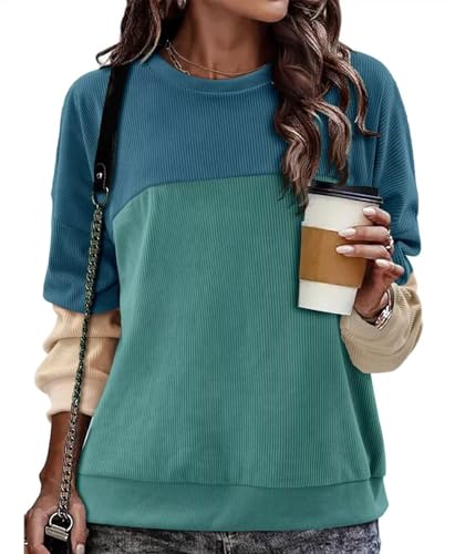KISSMODA Women's Casual Long Sleeve Sweatshirt Color Block/Solid Crewneck Corduroy Pullover Cute Tops