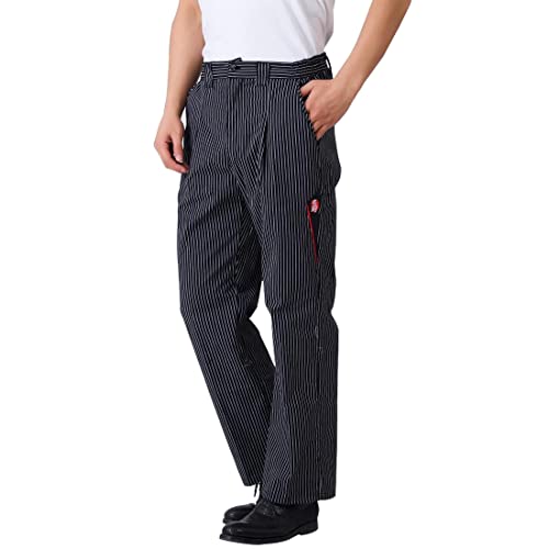Photo de ZhuiKun Pantalon de Chef Homme Femme Pantalon de Travail avec Bouton Uniformes de Cuisine Restaurant - MC Noir Blanc Rayé, 3XL