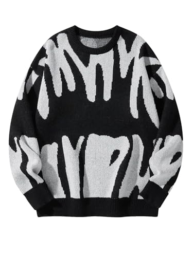 Men's Printed Knit Pullover - Winter Irregular Pattern Sweater, Contrast Crew Neck Casual Top