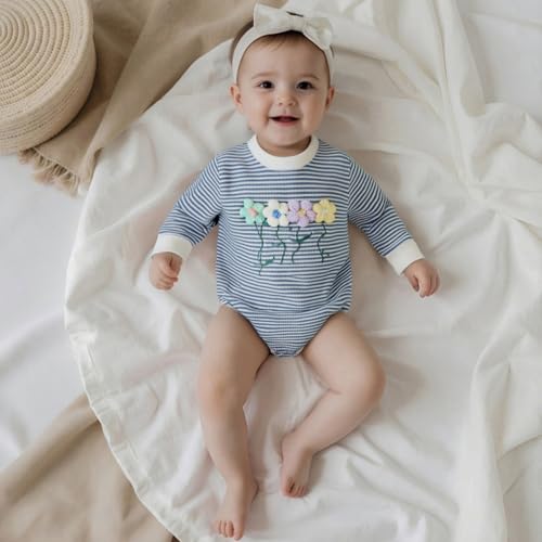 Newborn Baby Girl Romper 3D Flower Fall Winter Clothes Striped Waffle Bubble Sweatshirt Cute Coming Home Outfit2