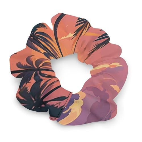Tropical Beach Palm Tree Sunset Hair Scrunchies for Women No Damage, Soft Elastic Hair Ties with Fashionable Printed Patterns, Satin Scrunchy Hairbands for Ponytail, Bun, Workout & Sleep