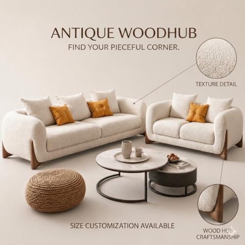 Image of Modern Sofa, Teddy Fabric, Chesterfield Style, Wooden Legs, for Living Room, Bedroom, Hallways (3+2 Seater)