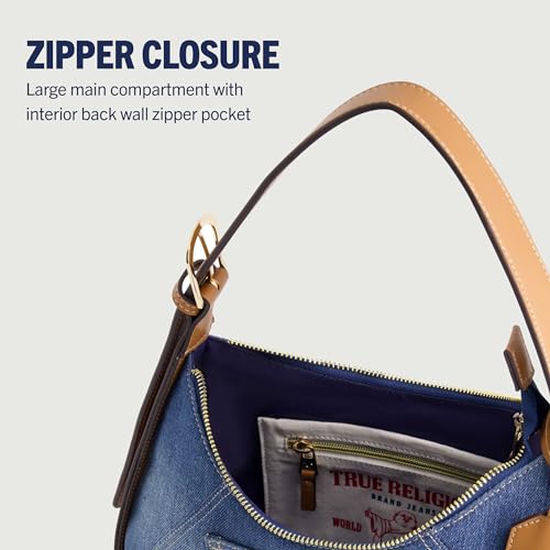 Image of True Religion Women's Shoulder Bag Purse, Medium Hobo Handbag with Front Pocket, Denim