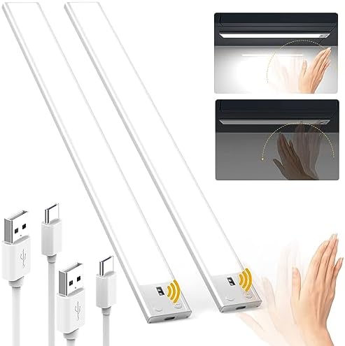 SUPERDANNY 16 Inch Under Cabinet Lights, Hand Wave Sensor 65 LED Under Cabinet Lighting, Upgraded Rechargeable 3000mAh Battery Cordless Under Counter Lights for Kitchen, Closet, Workbench, 2/Pack