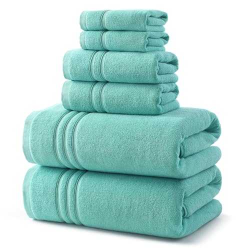 REDKISS Teal Towels Set 6 Piece Cotton Towel Sets with 2 Bath Towels 2 Hand 2 Washcloths 650GSM Hotel Quality Soft Highly Absorbent Towels for Bathroom Gym Ideal Everyday Use