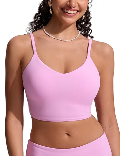 Image of CRZ YOGA V Shaped Longline Bikini Tops | Built-in Pads, A-D Cup, Cropped, Adjustable Spaghetti Straps, Swim, Bathing Suit for Women