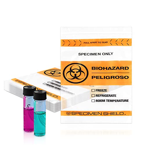 Image of Biohazard Specimen Bags, 12 x 15 Inches. Pack of 100 Clear Orange Biohazard Bags. 3-Wall Polyethylene Speciman Bag, 2 Mils. Waterproof Plastic Bag with Pull-to-Tear Zipper and Hazard Sign