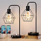 Industrial Table Lamps Set of 2 Vintage Desk Lamp Metal Cage Nightstand Bedside Lamp with Dual USB Charging Ports and AC Outlet for Bedroom Living Room Office (Black)