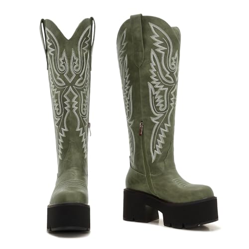 Image of Uillnoodu Wide Calf Cowboy Boots Women Adjustable Lace Up Knee High Tall Plus Size Cowgirl Boots Western Style Comfortable 2-Inch Heel