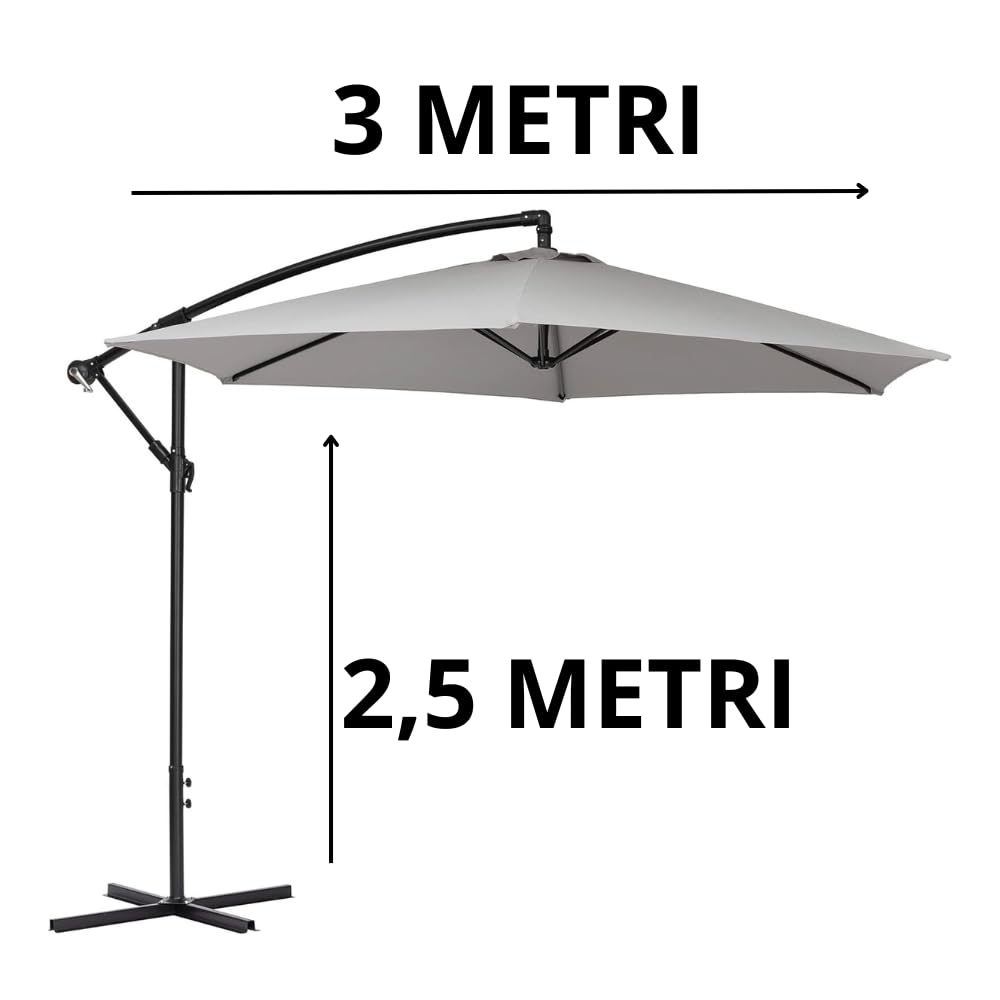 Ombrellone a Braccio Decentrato MYKONOS 3 Metri – Struttura Acciaio Ø48mm 8 Nervature – Telo Poliestere 180g/m² Idrorepellente Anti-UV – Apertura a Manovella – Parasole Giardino Terrazzo Piscina