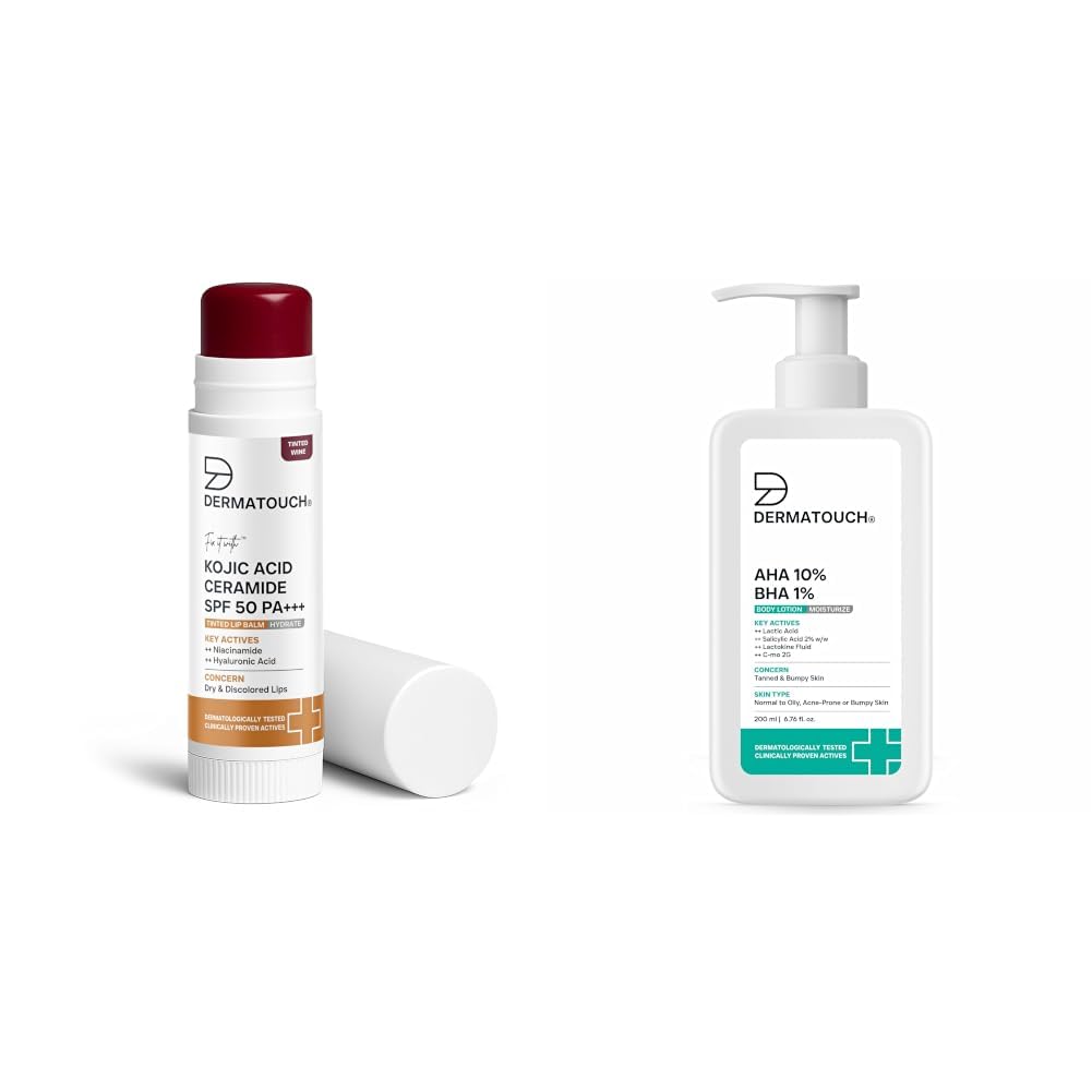 DERMATOUCH Kojic Acid Ceramide SPF 50 PA+++ Tinted Wine Lip Balm - 5g & AHA 10% BHA 1% Body Lotion For Men and Women 200ml-image-12