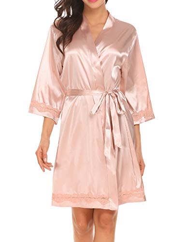 Ekouaer Women Casual Short Robe Kimono Style Lace Satin Full Slip Nightgown(Champagne/XL)