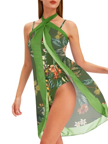 Women One Piece Swimsuit with Cover Up Sarong Wrap Bathing Suits for Women Floral Print Swim Suits with Cover Up Set Slimming 1 Piece Swimwear Dark Green Floral Large4