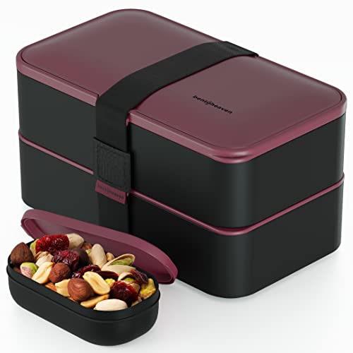 Bentoheaven Premium Bento Box Adult Lunch Box With 2 Compartments (40Oz), Cutlery & Set Of Chopsticks, Large Dip Container, Cute Black Japanese Bento Box, Rectangle, Microwavable (Very Berry) #TOP23