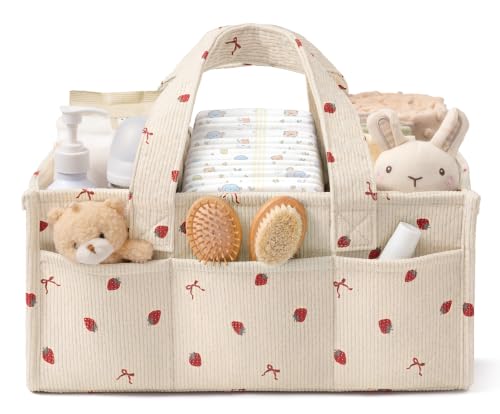 Image of Corduroy Baby Diaper Caddy Organizer with Handles, Nursery Storage Basket