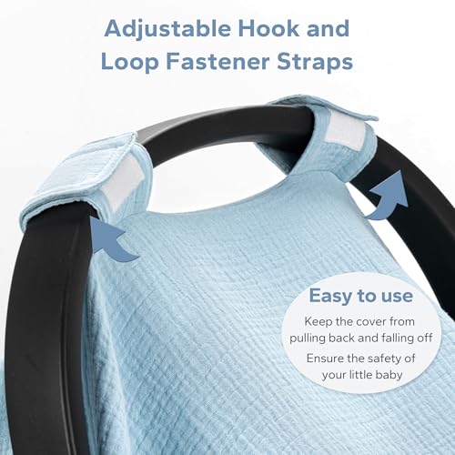 Image of SERAPHY 100% Muslin Cotton Car Seat Cover Baby, 2 Pack Universal Carseat Covers Baby Boy Girl, Breathable Car Seat Canopy, Soft Infant Car Seat Cover for Summer and Winter-2 Pcs Blue&Flowers