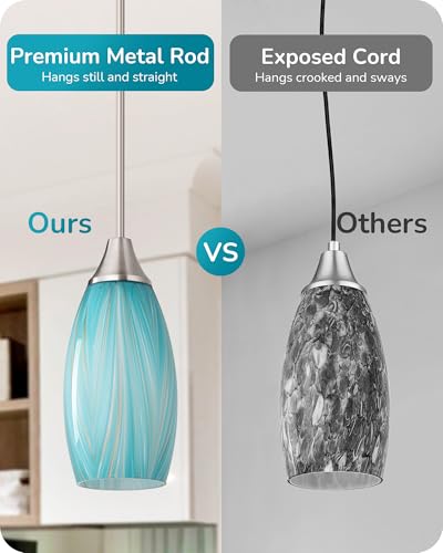 Image of EDISHINE Pendant Lights Kitchen Island, Blue Handcrafted Art Glass, Blown Glass Pendant with 5.12 inch Dia x 11.40 inch H Shade, Teal with Gold, Adjustable Brushed Nickel Rods, Hardwired Over Island Bar, E26