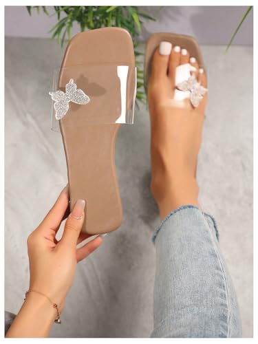 GORGLITTER Women's Clear Strap Flat Sandals Rhinestone Butterfly Slip On Slide Sandal4
