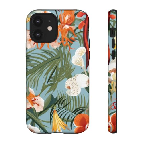 Coque iPhone 12 motif orchidée tropicale rigide et brillante verte