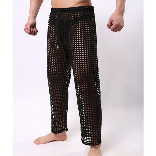 JEKE-DG Men's See Through Mesh Pant Fishnet Openwork Lingerie Pants Drawstring Sexy Long Pants Pajamas Bottoms4