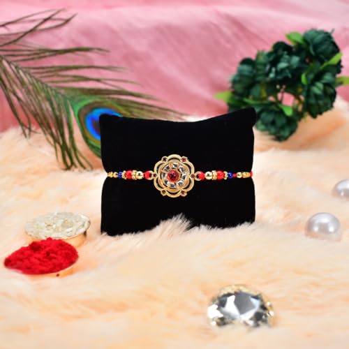 Image of DeoDap Fancy Rakhi Gift Combo with 32gm Chocolate, Pooja Thali, Roli Chawal, Pooja Coin & Greeting Card for Brother - Multi-Colour