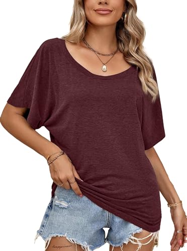 Image of Hilinker Womens Sexy Short Batwing Sleeve T Shirt Casual Tee Burgundy B Small