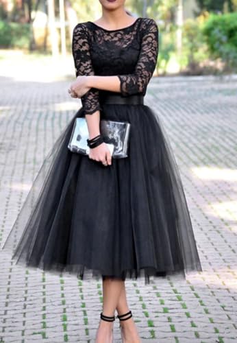 A-Line Elegant Cocktail Dresses Jewel Neck 3/4 Length Sleeve Tea-Length Wedding Guest Dress Tulle with Pleats 20252