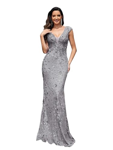 Image of Womens Sequined Long Evening Gown Glamous Sleeveless V-Neck Mermaid Prom Dress for Wedding Party Club Occasions