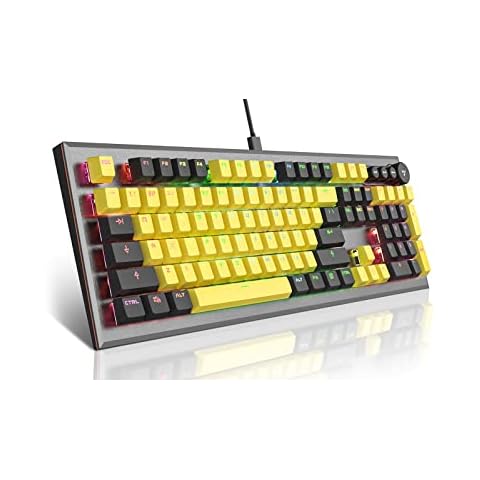 Mechanical Gaming Keyboard, PowerLead Wired Keyboard Rainbow RGB Backlit with Detachable Leather Wrist Rest, Programmable Settings with N-Key Flip, for Windows PC/MAC Games (104 Keys, Blue Switch) Cover