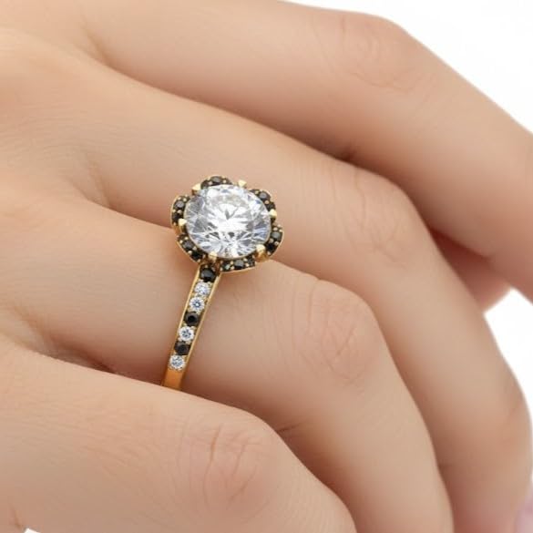 Image of 55Carat Choose Your Gemstone 6 Petal Ring Yellow Gold Plated Round Shape Halo Engagement Rings Well Shaped for Any Gift Giving Occassion Modern Style Enchating Women US Size 4 to 12