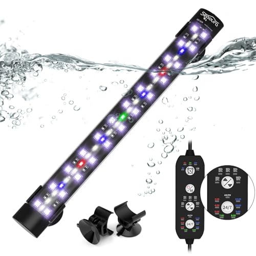 SEAOURA Submersible Aquarium Light for Fish Tank, 24/7 Cycle Fish Tank Light with Timer, Full Spectrum+7 Single Colors, Auto On/Off, Adjustable Brightness (11 Inch for 12-23inch tank)