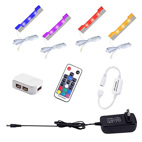 AIBOO LED Under Cabinet Night Lights Kit for Glass Edge Shelf Back Side Lighting Using Flexible Cable and Clip with RF Remote(4 Lights,RGB)