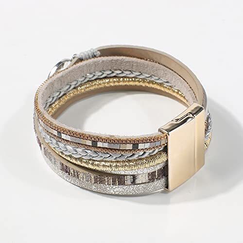 Vercret Leather Wrap Bracelet For Women - Light Grey Multi-Layer Magnetic Clasp Bangle Cuff Stacked Bracelets For Lady And Mother #TOP5