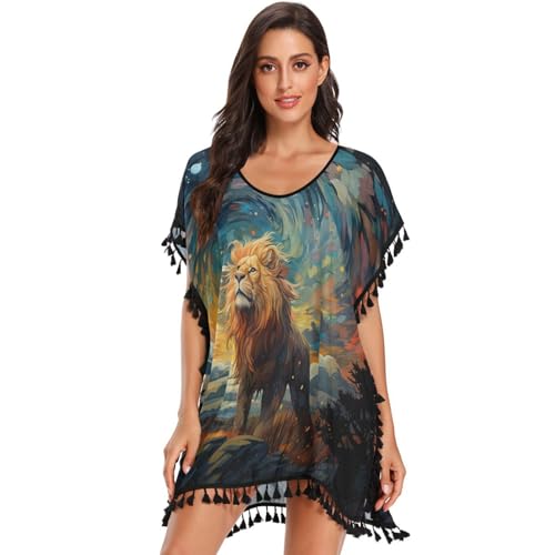 KAAVIYO Artwork Moon Lion Women's Beach Cover Up Chiffon Tassel Swimwear Swimsuit Coverups for Girl