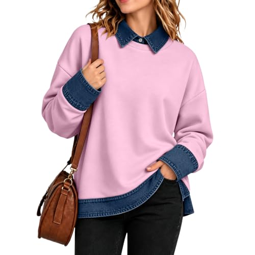 Womens Polo Shirts Button Denim Patchwork Lapel Collar Long Sleeve Tops - image 4