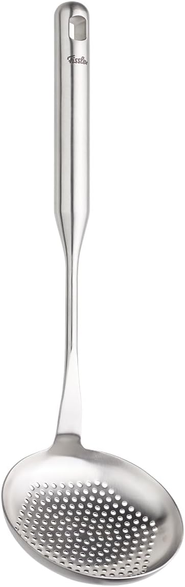 Fissler Essential Skimmer, 18/10 Stainless Steel Cooking Utensil for Draining & Serving, Ergonomic Handle, Dishwasher Safe