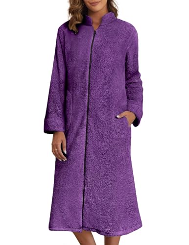 Ekouaer Women's Zip Up Robe Fleece Bathrobe Long Zipper Lounger Warm Housecoat Long Sleeve Nightgown with Pockets S-XXL