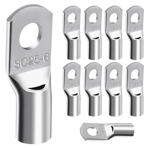 10 Piezas Terminales de Cable Tubular de 25 mm² M6 Terminales Conectores de Cable SC Sin Aislamiento de Cobre Estañado Profesionales Galvánico para Conductores Múltiples,Finos Terminales de Cable